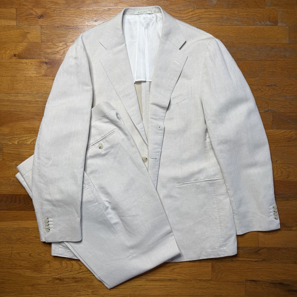 Suit Supply Tan Havana Sondrio Pure Cotton Linen Mens Suit Size 48R Slim 37x31.5